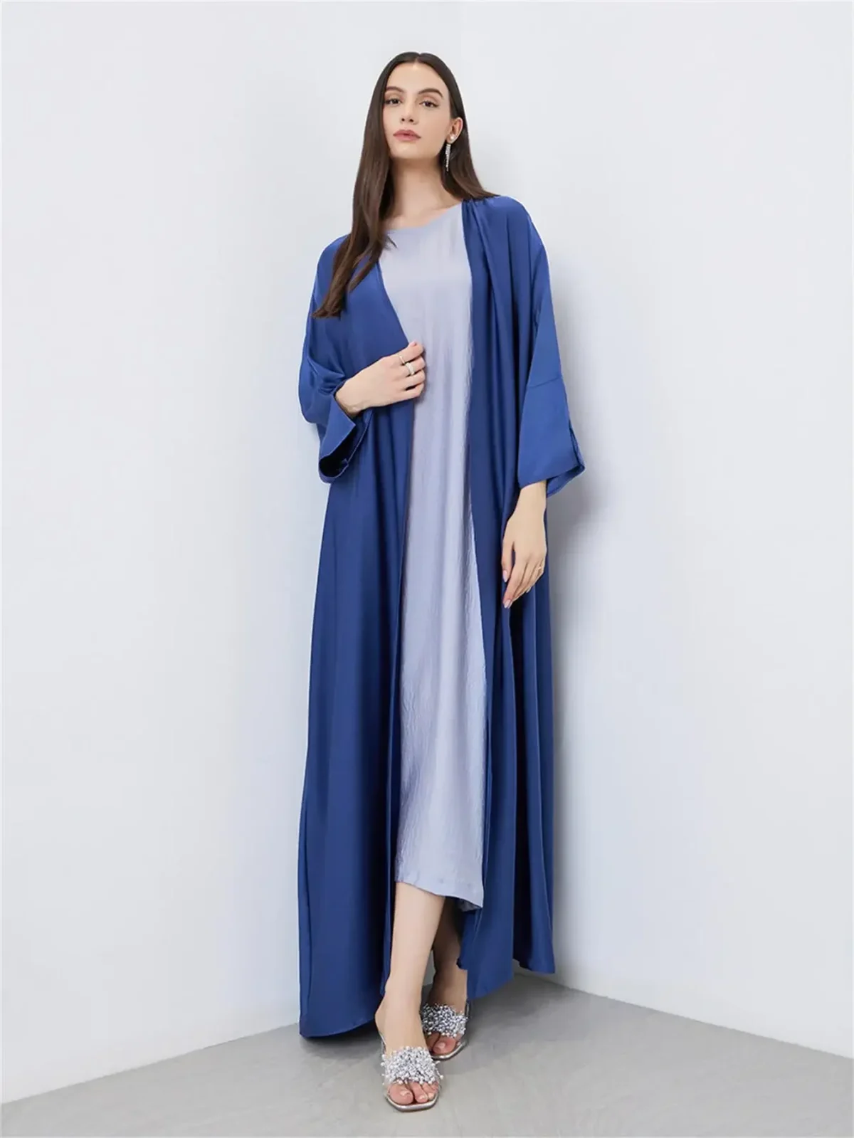 ⁦Middle Eastern Full Sleeve Loose Abaya Muslim Women Solid Open Front Abayas Casual Kaftans Jilbabs Ethnic Islamic Maxi Dresses⁩ - الصورة ⁦2⁩